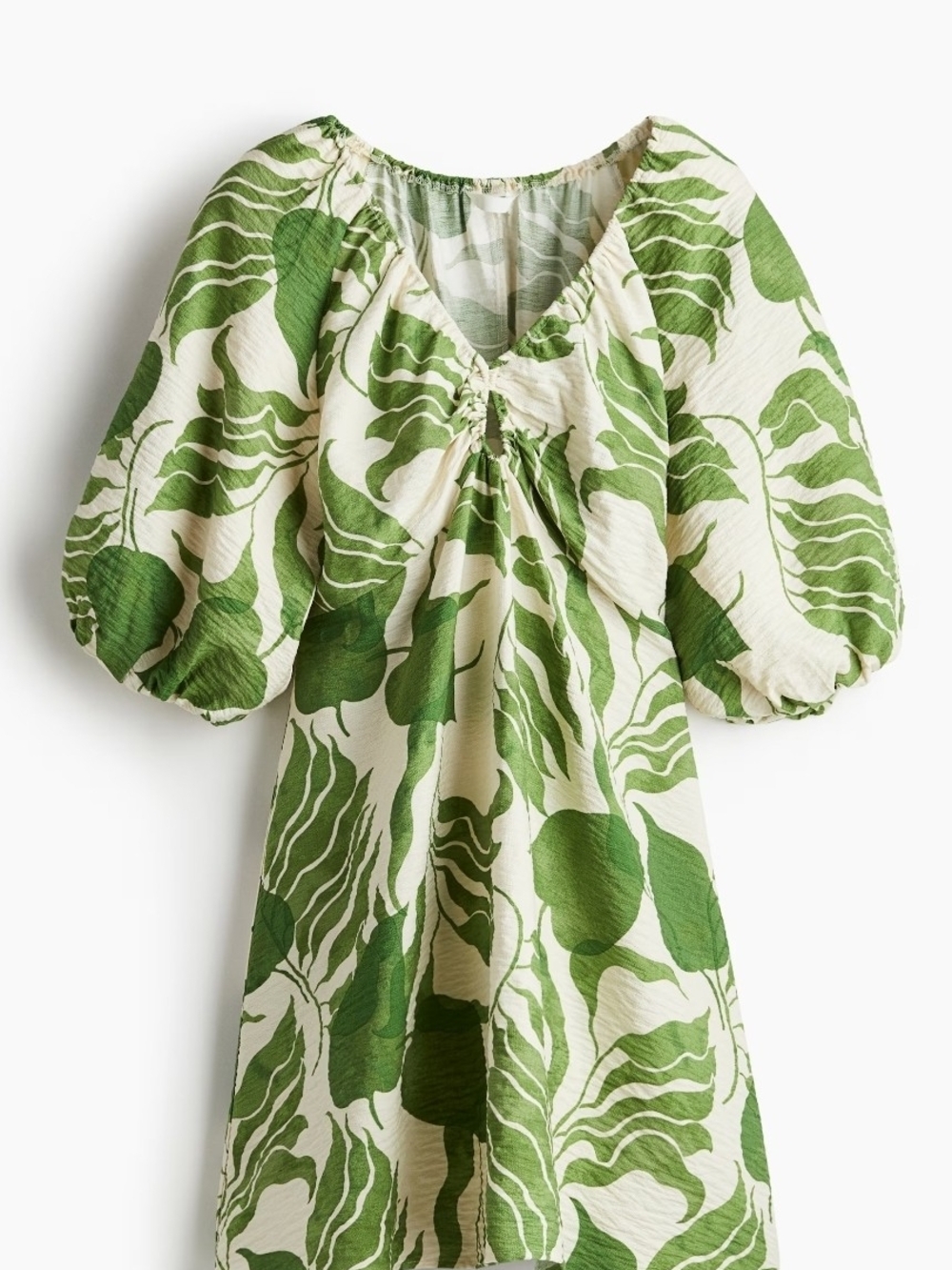 Green Leaf Print Dress With Keyhole - Cream & Green